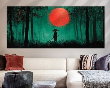 Krijger in de mist met rode zon van Poster Art Shop