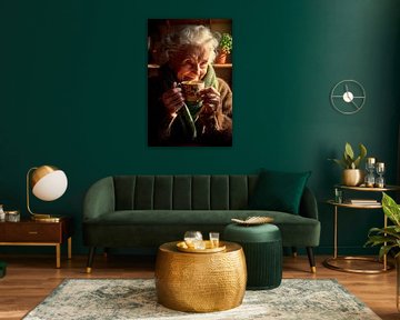 Smiling elderly lady with cup of coffee by Poster Art Shop