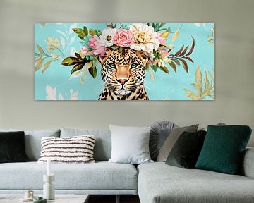 Portret van een luipaard met een bloemenkrans van Poster Art Shop