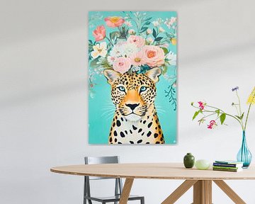 Portret van een luipaard met een bloemenkrans van Poster Art Shop