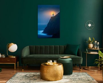 Lighthouse in the fog at night by Poster Art Shop