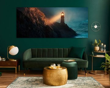Vuurtoren in de mist van Poster Art Shop