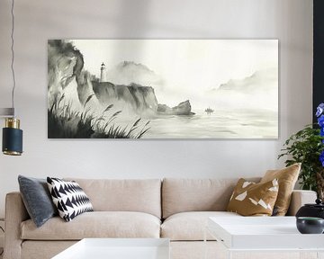 Vuurtoren op een mistige kustlijn van Poster Art Shop