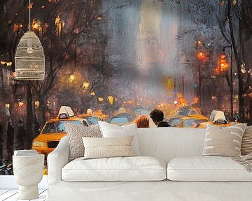 Geliefden in een regenachtige stad