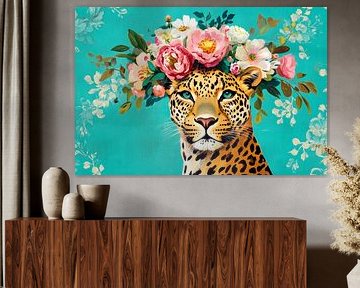 Portret van een leeuw met een bloemenkrans van Poster Art Shop