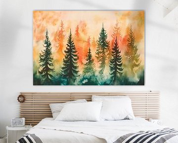 Painting of fir trees in the sunset by Poster Art Shop