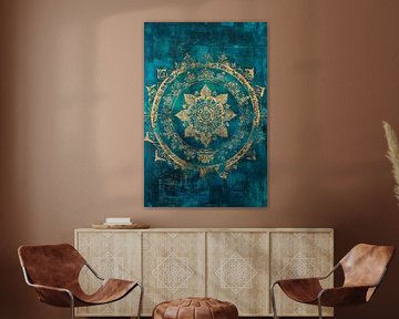 Mandala in gold on a deep blue background by Poster Art Shop