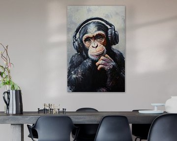Nadenkende aap met koptelefoon van Poster Art Shop
