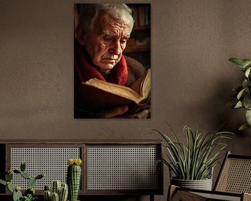 Peinzende oudere man met boek van Poster Art Shop