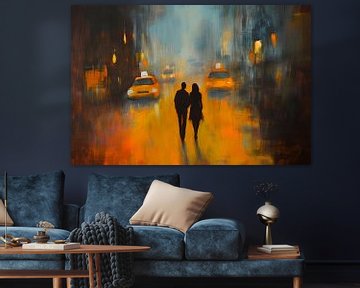 Echtpaar in de mistige avond van de stad van Poster Art Shop