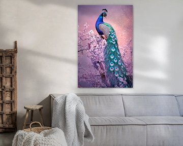 Magnificent peacock against a floral background by Poster Art Shop