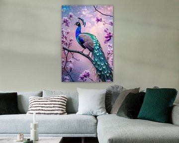 Pauw in bloesempracht op tak van Poster Art Shop