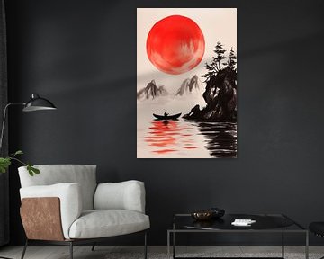 Rote Sonne über ruhigem Gewässer von Poster Art Shop