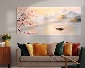 Rustig landschap met boot en bloemen van Poster Art Shop