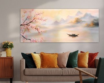 Rustig landschap met boot en bloemen