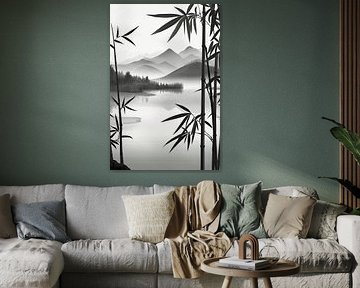 Paysage paisible de bambous et de montagnes sur Poster Art Shop