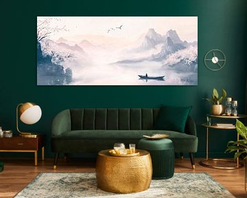 Rustig landschap met boot in de mist van Poster Art Shop