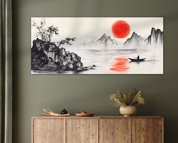 Paysage calme avec coucher de soleil rouge sur Poster Art Shop