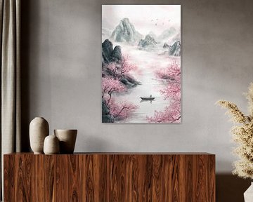 Rustig landschap met kersenbloesems van Poster Art Shop