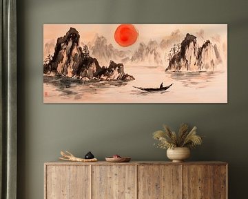 Tranquil landscape with boat and sun by Poster Art Shop