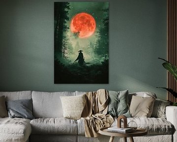 Samoerai onder rood maanlicht van Poster Art Shop