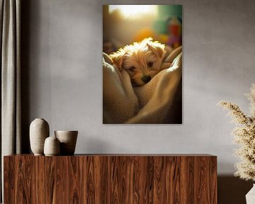 Slapende puppy in donzige deken van Poster Art Shop