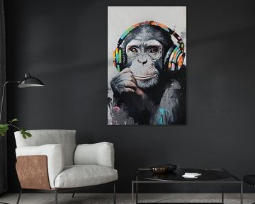 Chimpanzé avec des écouteurs colorés sur Poster Art Shop
