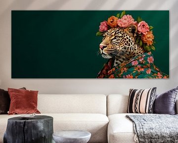 Prachtig luipaard met bloemenkroon van Poster Art Shop