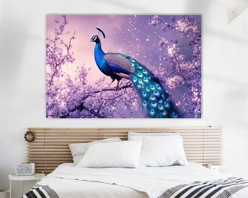 Prachtige pauw onder bloeiende takken van Poster Art Shop