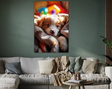 Süßer Welpe eingekuschelt im Bett von Poster Art Shop