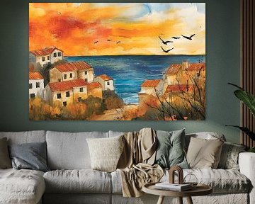 Zonsondergang over schilderachtige huizen van Poster Art Shop