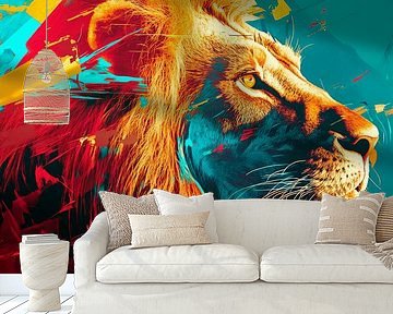 Strong lion with colourful background by Poster Art Shop