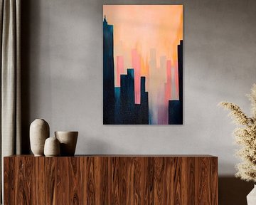 Stadssilhouet bij zonsondergang