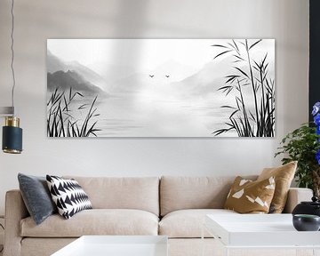 Rustig landschap met霧ige bergen van Poster Art Shop