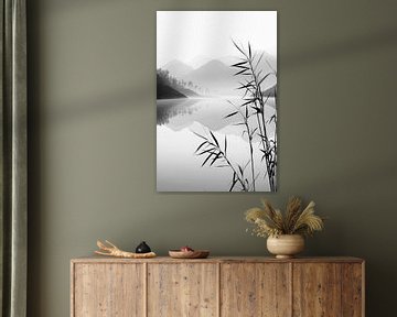 Rustig landschap met riet en bergen van Poster Art Shop