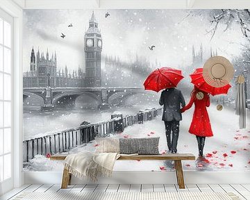 Verliefd stel in de sneeuw in Londen van Poster Art Shop