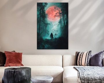 Wanderer im nebligen Waldmondschein von Poster Art Shop