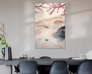 Paysage délicat avec bateau et fleurs sur Poster Art Shop