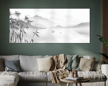 Fijn landschap met bamboe in de mist van Poster Art Shop