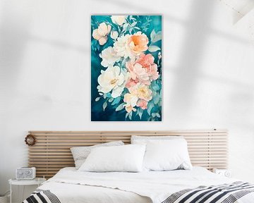 Delicate peonies on an aquamarine background by Poster Art Shop
