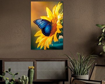 Blauwe vlinder op zonnebloem van Poster Art Shop