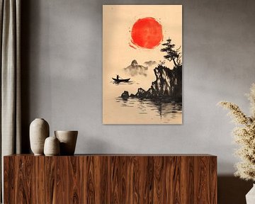 Tranquil landscape with red sun by Poster Art Shop