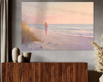 Vrouw op het strand bij zonsondergang van Poster Art Shop