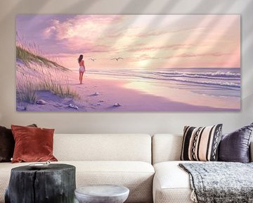 Vrouw op het strand bij zonsondergang van Poster Art Shop