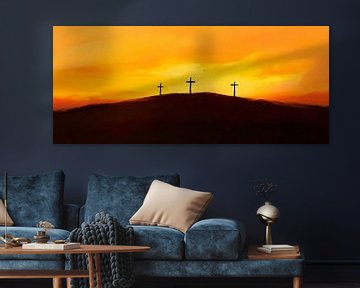 Drie kruizen in de zonsondergang van Poster Art Shop