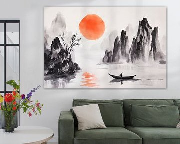 Paysage calme avec soleil rouge sur Poster Art Shop