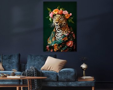 Luipaard met bloemenkrans en sjaal van Poster Art Shop
