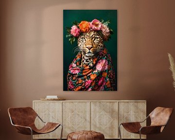 Leopard mit Blumenkranz und Tuch von Poster Art Shop