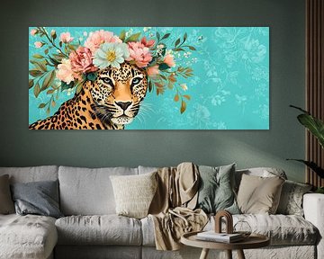 Schöner Leopard mit Blumenkranz von Poster Art Shop