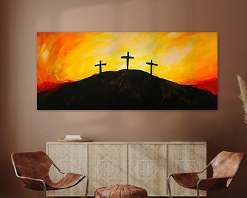 Drie kruizen in de zonsondergang van Poster Art Shop